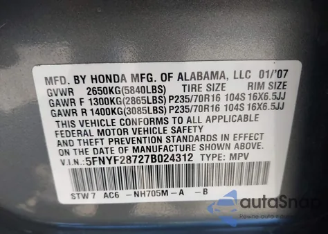 2007 Honda Pilot Ex-L z USA, uszkodzony, nr VIN 5FNYF28727B024312